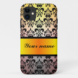 Coque iPhone 11 Noir damassé & ruban orange or