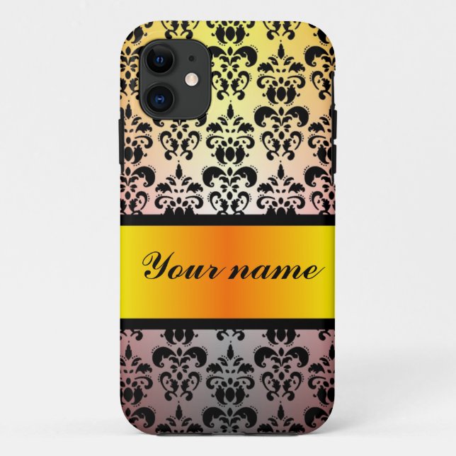 Coques Case-Mate iPhone Noir damassé & ruban orange or (Dos)