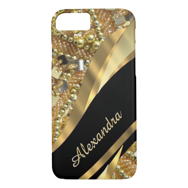Coques Case-Mate iPhone Noir élégant chic personnalisé et or bling (Dos)