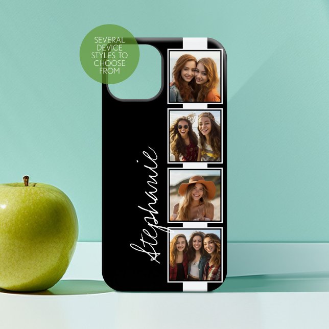 Coques Case-Mate iPhone Noir et blanc 4 Carrés photo Collage avec nom (Personalized Phone Case with 4 Photos and Custom Name)