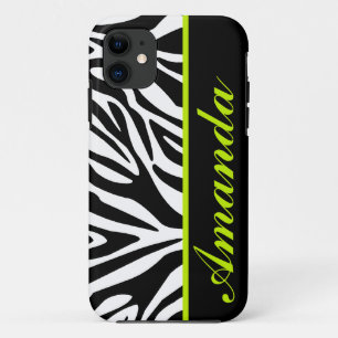 Coque Case-Mate iPhone Noir et blanc avec le nom vert de coutume de zèbr
