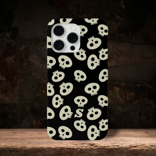 Coques Case-Mate iPhone Noir et Crème Cute Skuls Motif Monogramme (Add your initial to this cute skull phone case!)
