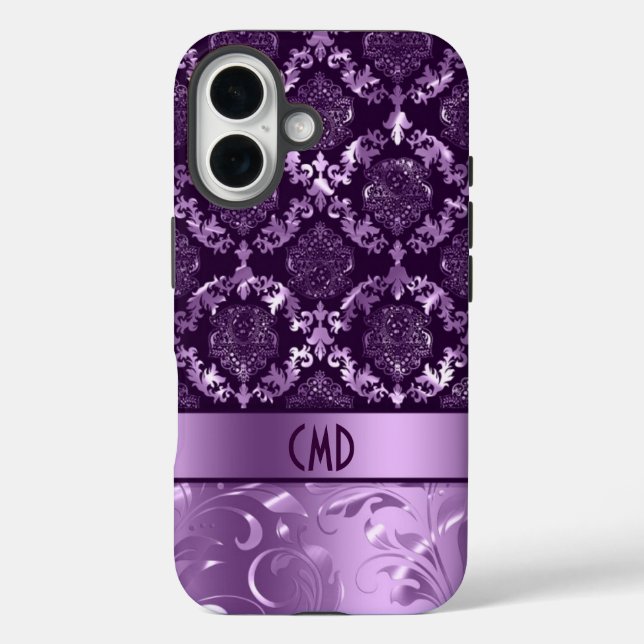 Coques Case-Mate iPhone Noir Et Métallurgique Violet Damas & Dentelle (Verso)