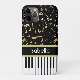 Coque iPhone 11 Pro Noir et or de notes musicales et de clés de piano