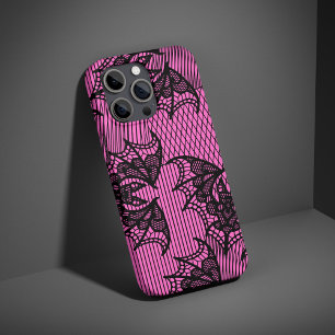 Coque Pour iPhone 16 Noir et rose vintage chauves-souris motif dentelle