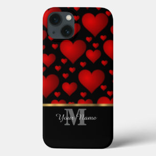 Etui iPhone 13 Noir et rouge monogramme amour coeur motif