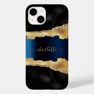 Coque Case-Mate iPhone Noir or marine bleu agate marbre nom script