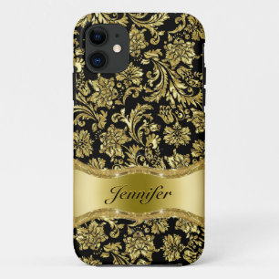 Coque Case-Mate Pour iPhone Noir & Or Métallic Floral Damas Customisé