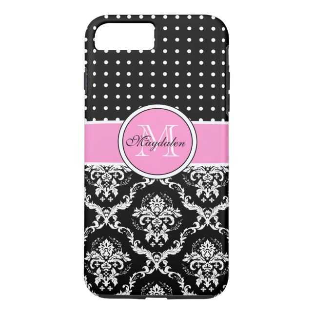 Coques Case-Mate iPhone Noir rose et blanc Damas & Motif PolkaDot (Dos)