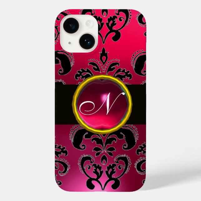 Coques Case-Mate iPhone NOIR ROSE FUCHSIA DAMASK MONOGRAM, Ruby Gemstone (Verso)