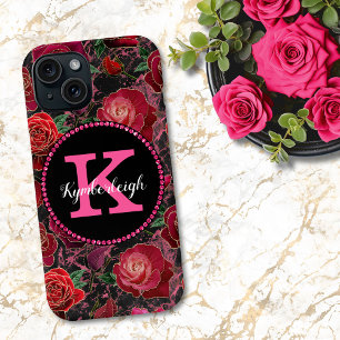 Coque Case-Mate iPhone Noir rose Rose Marbre Diamant Nom Monogramme