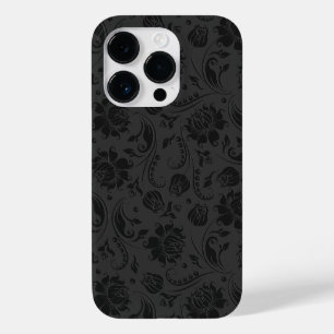 Coque Pour iPhone 14 Pro Noir sur gris foncé Vintage Damas florales 2
