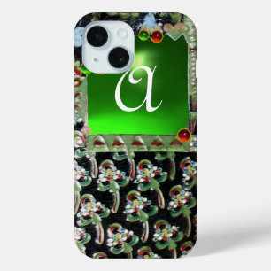 Coque Pour iPhone 15 NOIR VERT ART NOUVEAU GEMME MONOGRAMME Émeraude