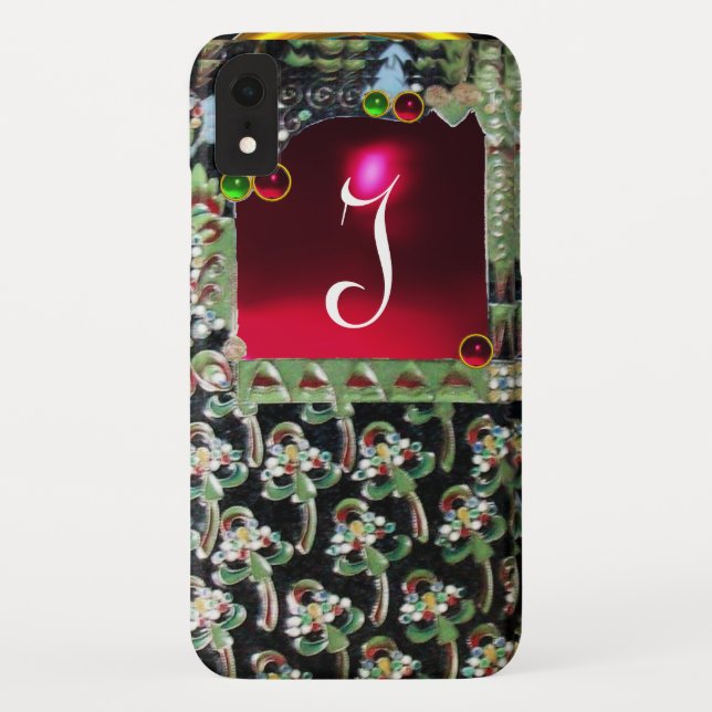 Coques Case-Mate iPhone NOIR VERT ROUGE ART NOUVEAU GEMSTONE MONOGRAM Ruby (Dos)