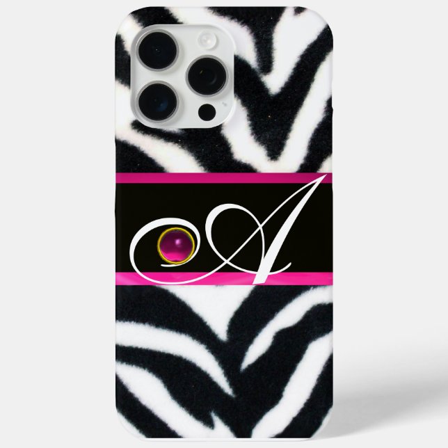 COQUES Case-Mate iPhone NOIR ZEBRA FUR FUCHSIA ROSE GEM MONOGRAM, (Verso)