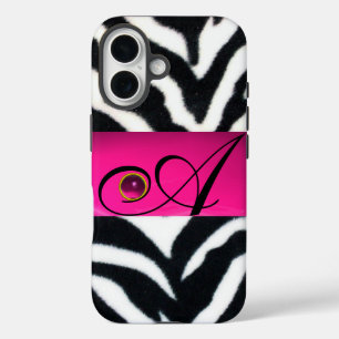 COQUES iPhone 16  NOIR ZEBRA FUR FUCHSIA ROSE GEM MONOGRAM,