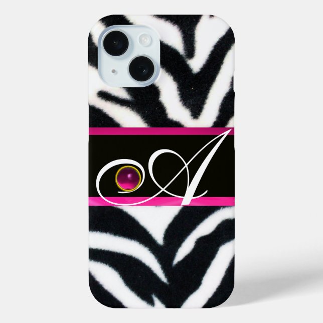 COQUES Case-Mate iPhone NOIR ZEBRA FUR FUCHSIA ROSE GEM MONOGRAM, (Verso)