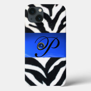 iPhone 13 CASE NOIR ZEBRA FUR SAPPHIRE BLEU GEM MONOGRAM,