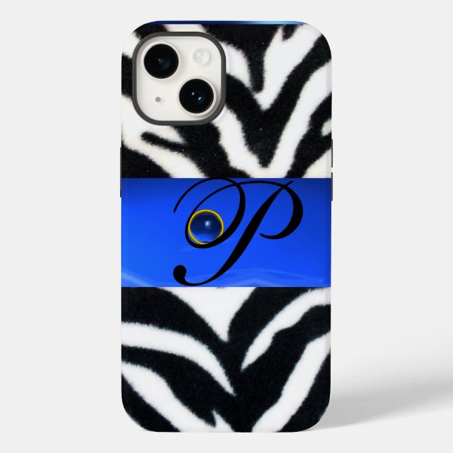 COQUES Case-Mate iPhone NOIR ZEBRA FUR SAPPHIRE BLEU GEM MONOGRAM, (Verso)