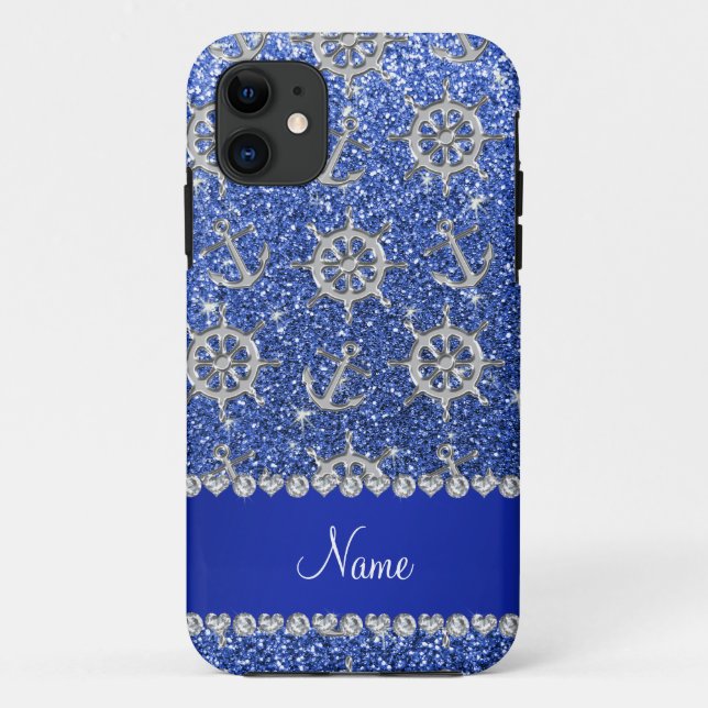 Coques Case-Mate iPhone Nom bleu parties scintillant argent ancres bateaux (Dos)