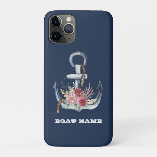 Coques Case-Mate iPhone Nom de bateau d'ancre florale nautique bleu marine (Dos)