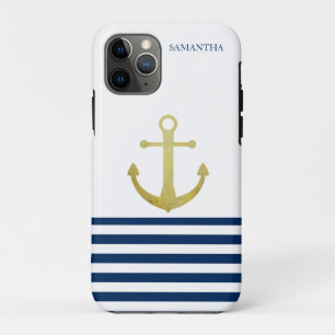 Case-Mate iPhone Case Nom de bateau nautique, ancre dorée rayée bleu mar