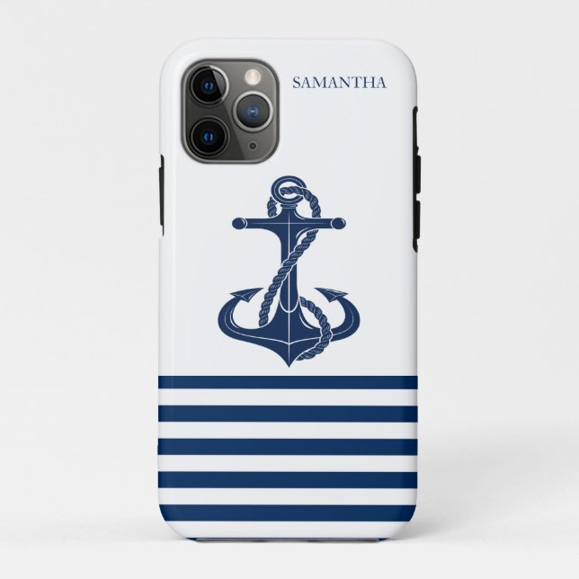 Coques Case-Mate iPhone Nom de bateau nautique, Ancre rayé bleu marine bla (Dos)