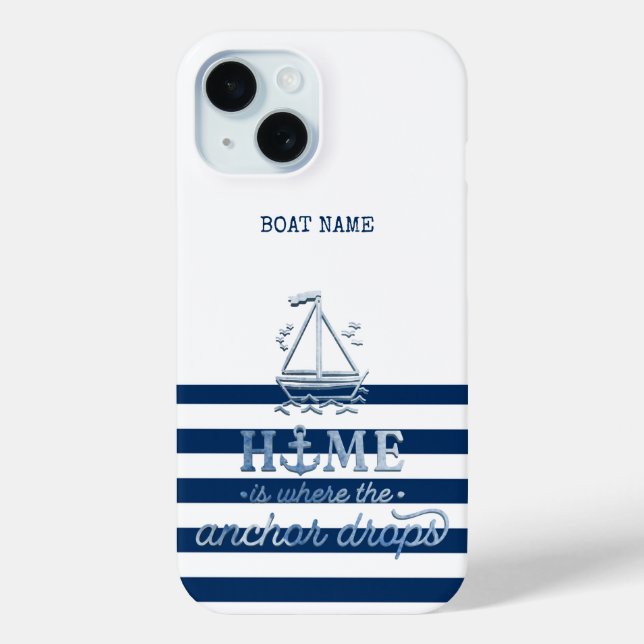 Coques Case-Mate iPhone Nom de bateau nautique, ancre rayée bleu marine (Verso)