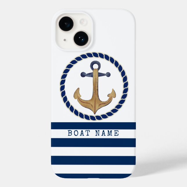 Coques Case-Mate iPhone Nom de bateau nautique, Ancre Rétro Bleu Marine (Verso)
