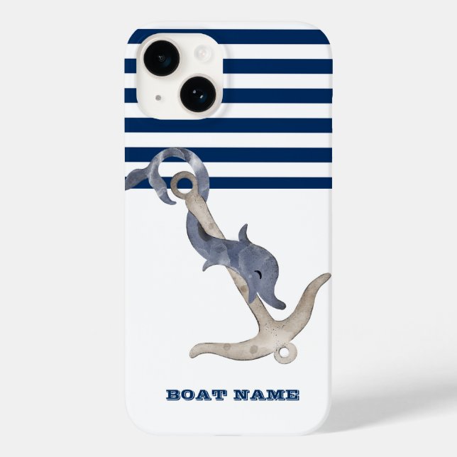 Coques Case-Mate iPhone Nom de bateau nautique, Rayure bleu marine dauphin (Verso)