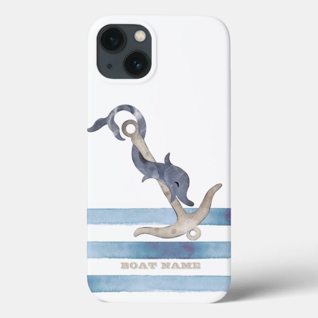 Coques Case-Mate iPhone Nom de bateau nautique, rayures de dauphin d'ancre (Verso)