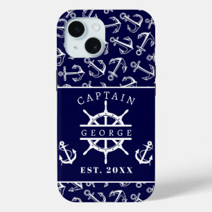 Coque Case-Mate iPhone Nom de capitaine nautique Ancre de bateau bleu mar