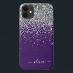 Case-Mate iPhone Case Nom de fille en scintillement violet argenté<br><div class="desc">Téléphone en métal brossé avec monogramme et initiale en argent et violet faux scintillement et gouttes de paillettes. C'est le cadeau idéal pour un anniversaire sweet 16, un mariage, une douche de mariée, un anniversaire de mariage, une baby shower ou une soirée d'enterrement de vie de jeune fille pour quelqu'un...</div>