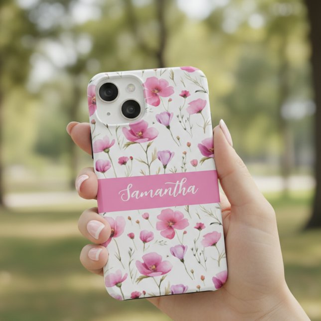 Coques Case-Mate iPhone Nom de fleur sauvage à aquarelle rose (Créateur téléchargé)