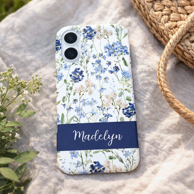 Coques Case-Mate iPhone Nom de fleur sauvage à l'aquarelle bleue (Créateur téléchargé)