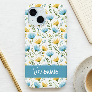 Coque Case-Mate iPhone Nom de fleur sauvage aquarelle bleu jaune