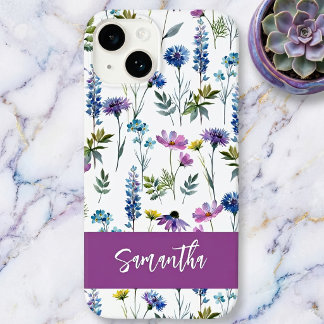 Coque Case-Mate iPhone Nom de fleur sauvage aquarelle bleu violet