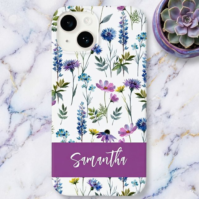 Coques Case-Mate iPhone Nom de fleur sauvage aquarelle bleu violet (Créateur téléchargé)