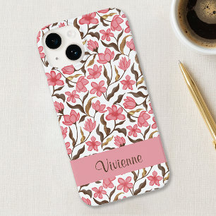 Coque Case-Mate iPhone Nom de fleur sauvage aquarelle rose marron or