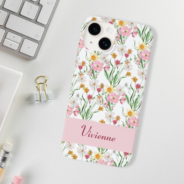 Coques Case-Mate iPhone Nom de fleur sauvage aquarelle rose vert (Pink Wildflower Monogram Phone Case)