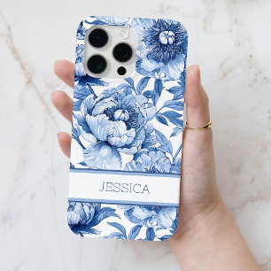 Coque Case-Mate iPhone Nom de fleurs de chinoiserie florale bleue personn