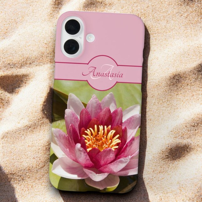 Coques Case-Mate iPhone Nom de la monographie personnalisée Pink Water Lil (Water lily photo template text phone case back)