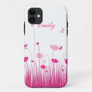 Coque iPhone 11 Nom de la prairie minimaliste des pies roses et bl