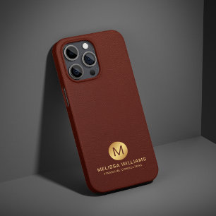 Coque Case-Mate iPhone Nom de monogramme élégant Rouge Faux Cuir & Or