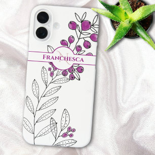 Coque Pour iPhone 16 Plus Nom de monogramme personnalisé Feuilles Purple Ber