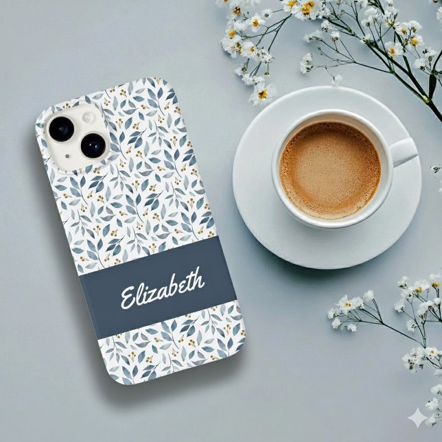Coques Case-Mate iPhone Nom de motif botanique à l'aquarelle bleue (Créateur téléchargé)