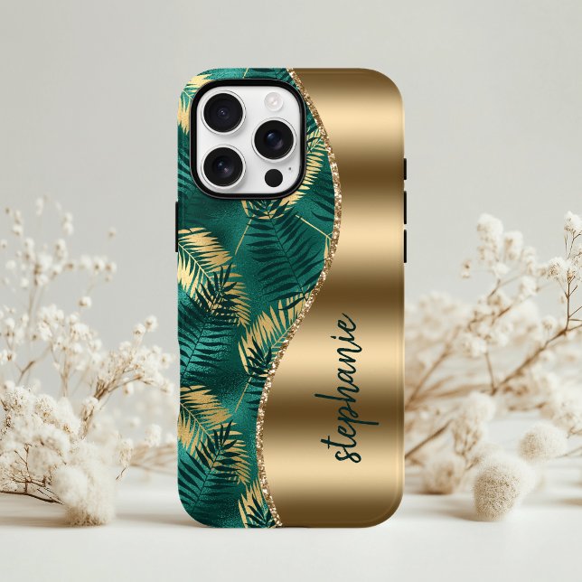 Coques Case-Mate iPhone Nom de motif de feuillage tropical Glam Gold Green (Créateur téléchargé)