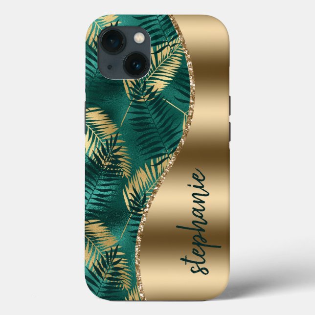 Coques Case-Mate iPhone Nom de motif de feuillage tropical Glam Gold Green (Verso)