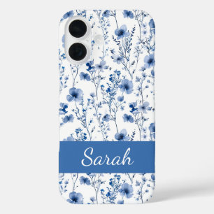 Coque Pour iPhone 16 Nom de motif floral aquarelle à fleur sauvage bleu