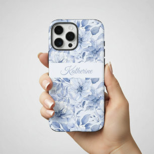 Coque iPhone 16 Pro Max Nom de motif floral aquarelle bleu moderne
